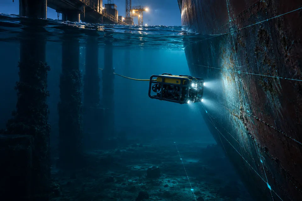 Illustrative close-up of a ship hull above deep blue water