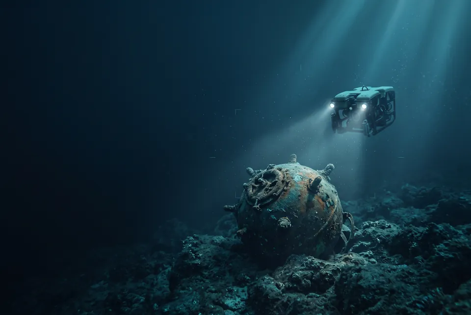 Concept visual depicting an underwater mine-like object