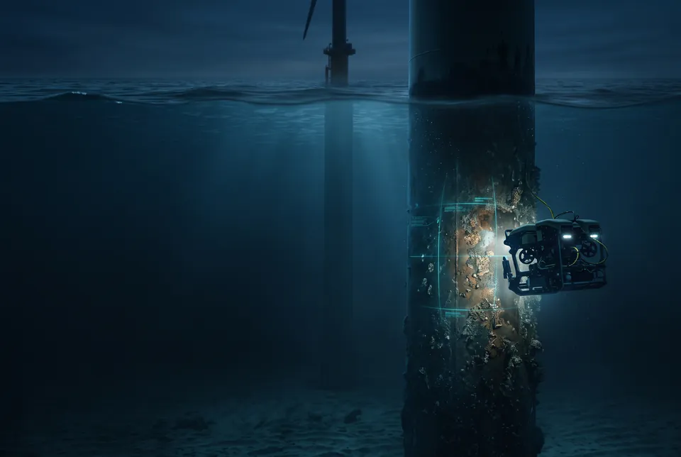 Illustrative offshore wind turbine foundation in the sea