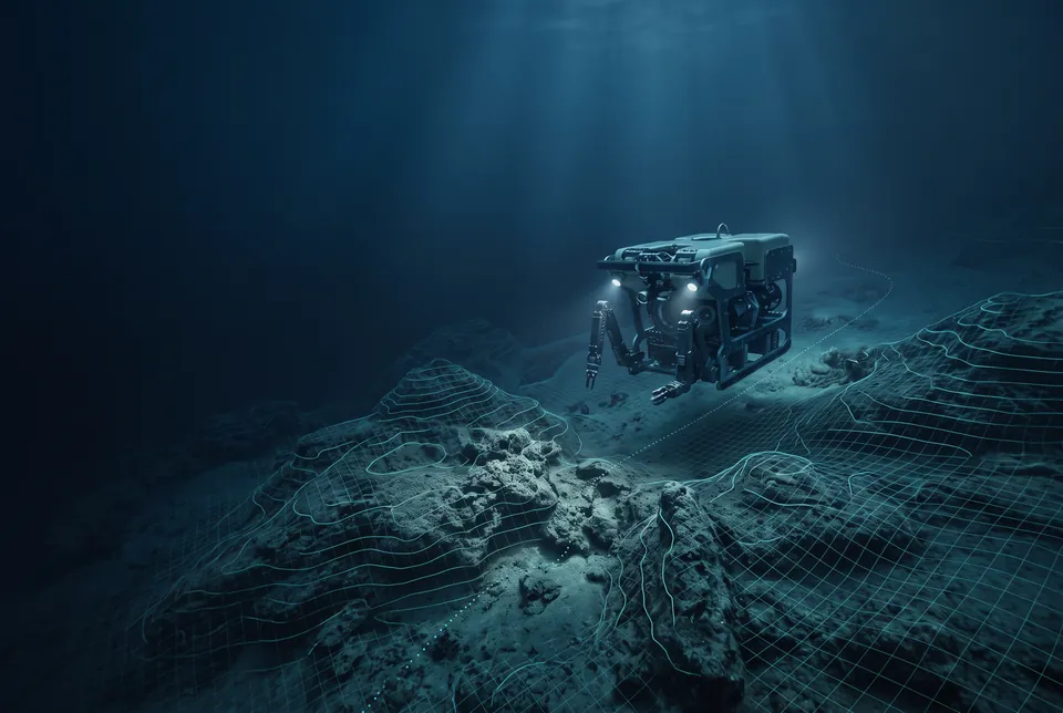 ROV surveying the seabed with a positioning grid
