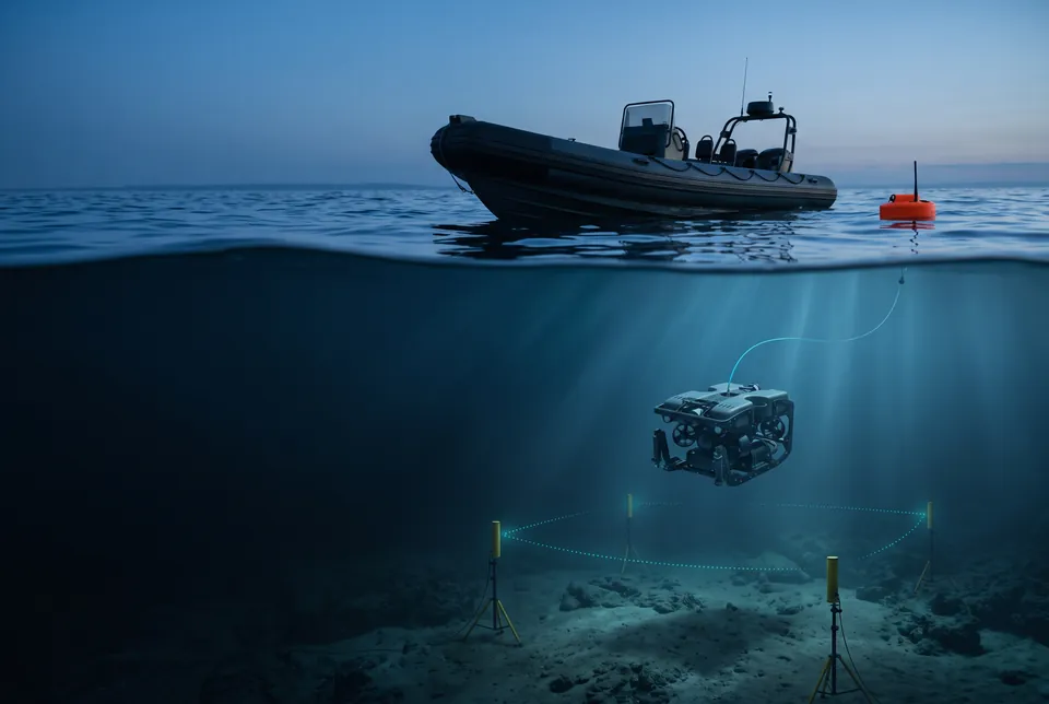 Illustration of a military-style rigid inflatable vessel, underwater ROV and acoustic reference field